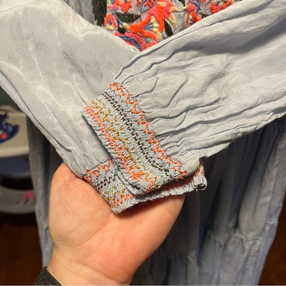 FREE PEOPLE ~ Powder Blue Sunbeam Embroidered Off The Shoulder Dress Smocking - Picture 5 of 10